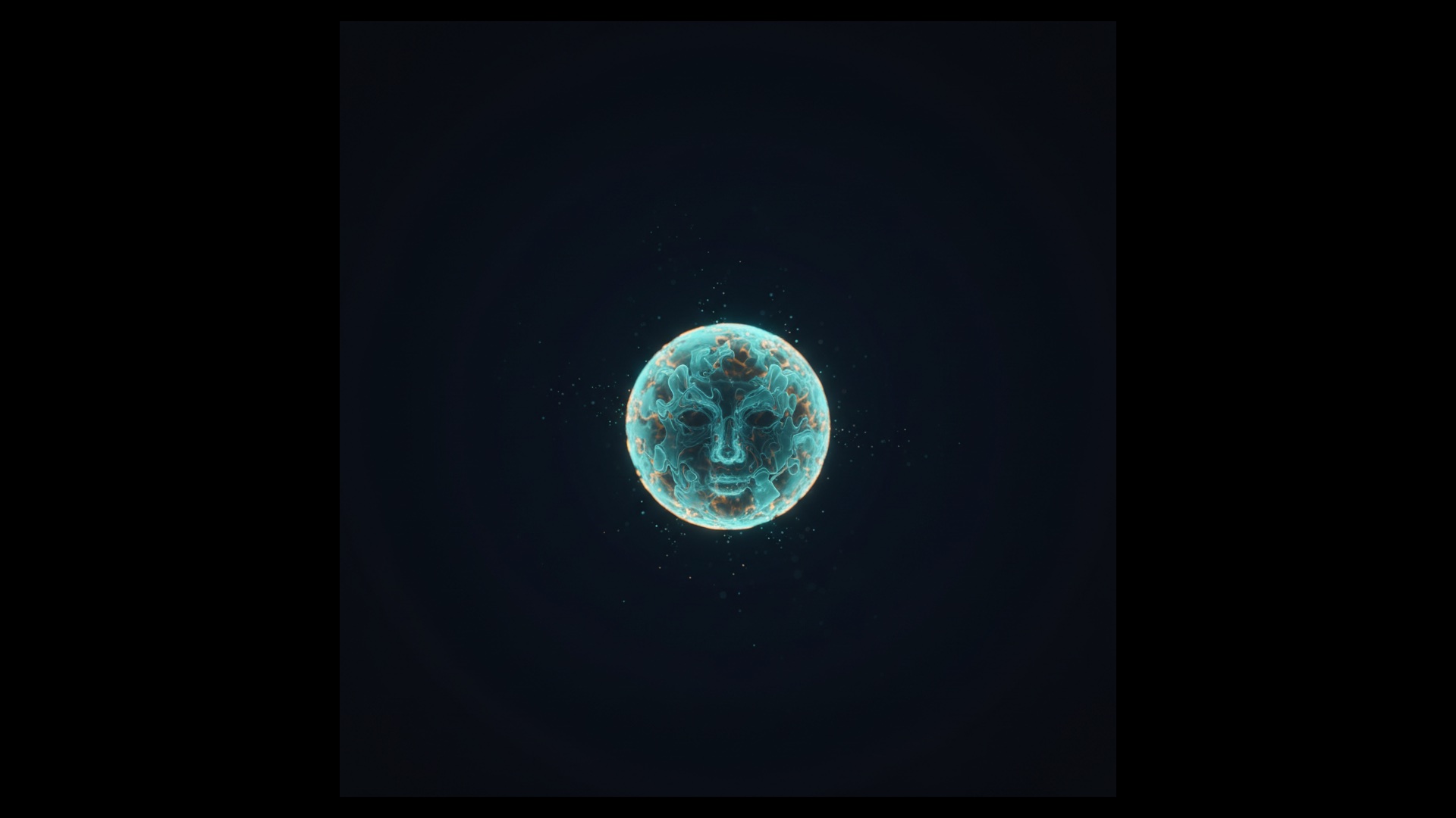 A luminous orb resolving into a face-like presence emerging from darkness