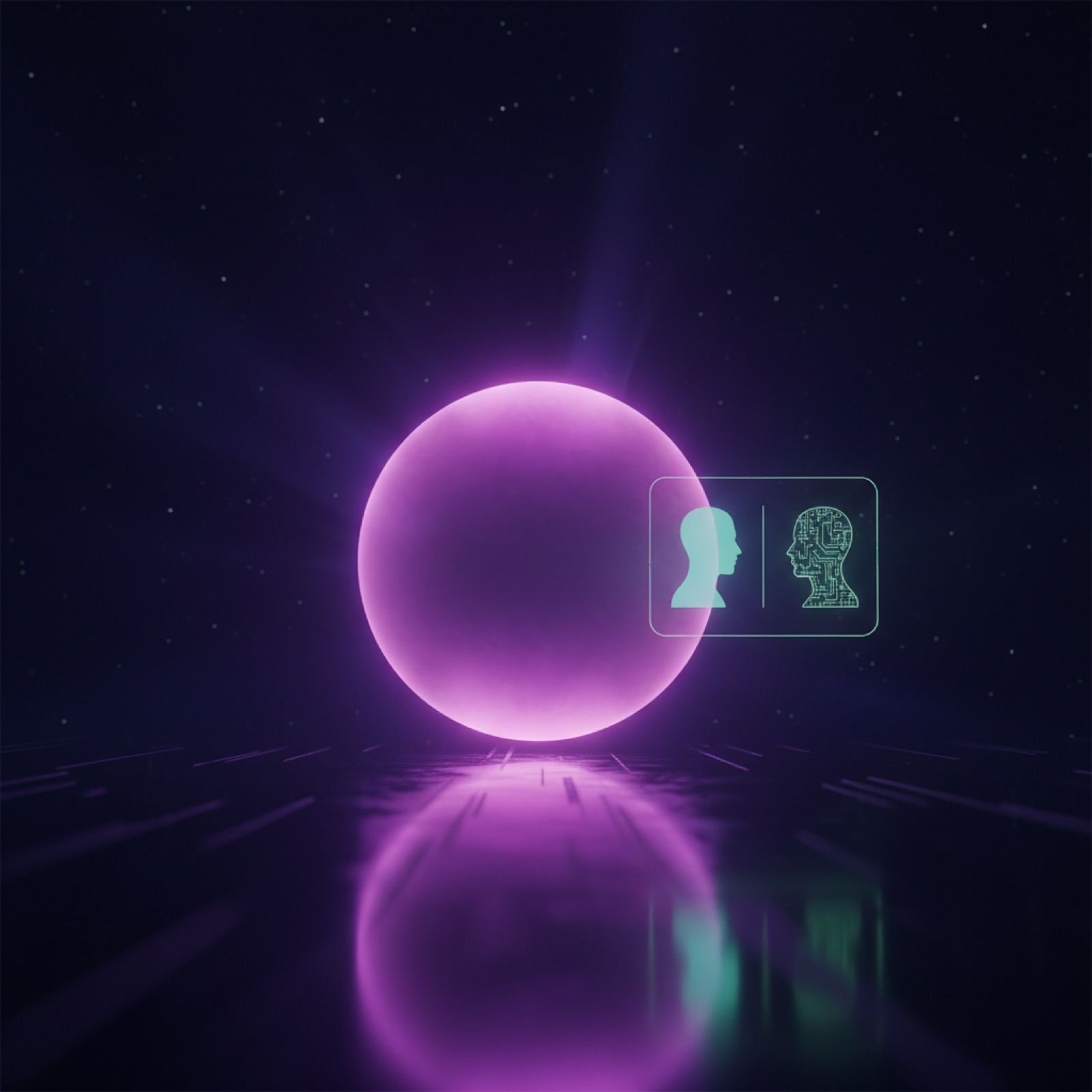 A glowing orb avatar on a dark stage with a secondary frame, representing a video-call layout