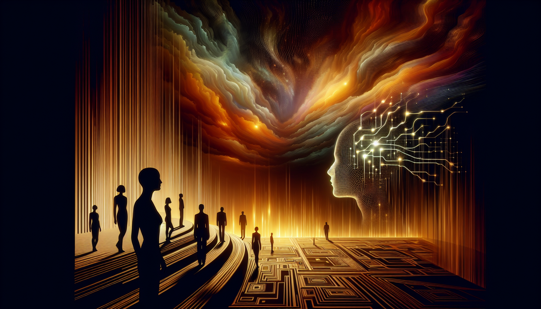 Silhouetted figures navigating a shifting technological landscape